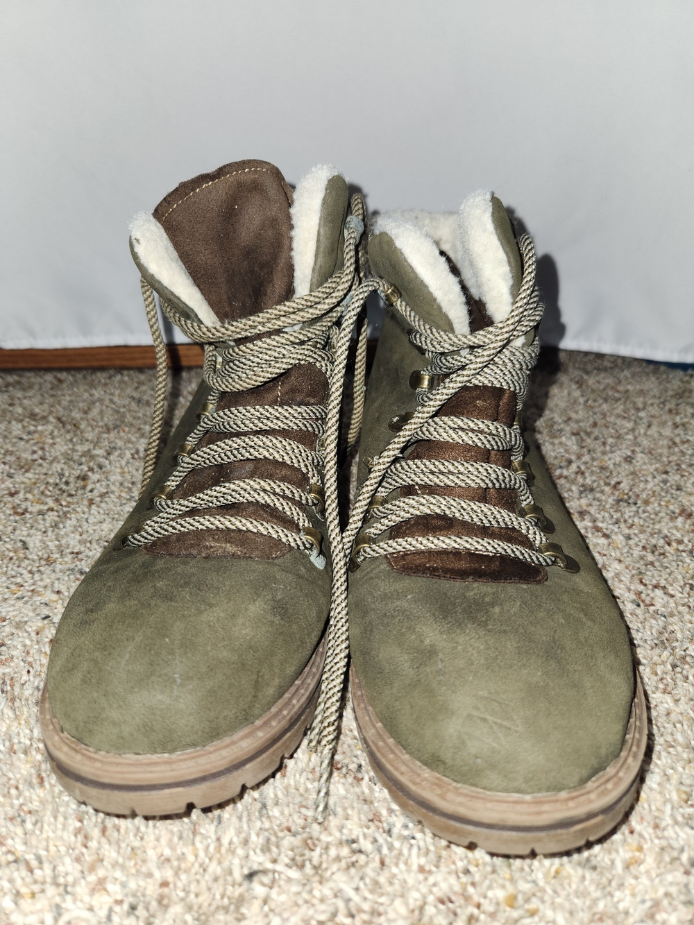 Olive Green Suede Lace-Up Sherpa Boot #rugged #plush #tough #chunky #fuzzy #soft